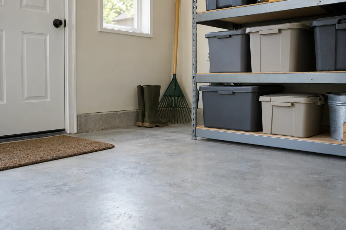Illustrative garage storage boxes beside a side door