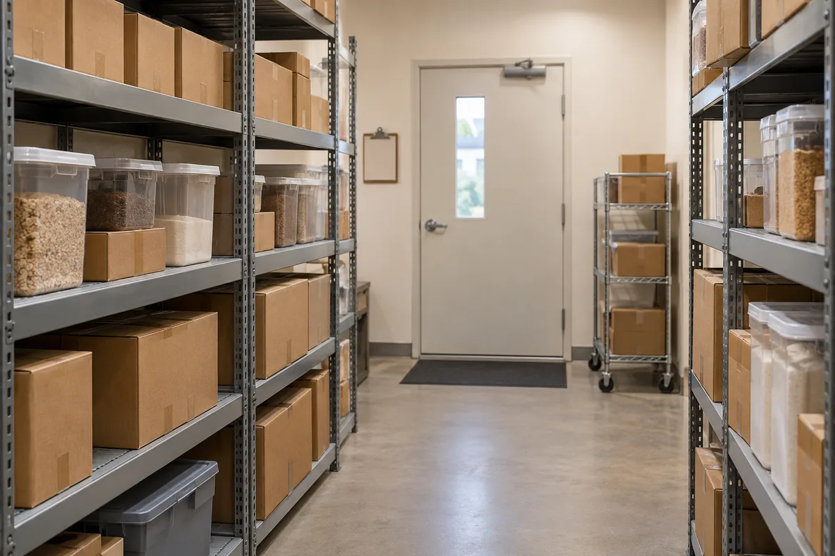 Illustrative business stockroom with sealed goods