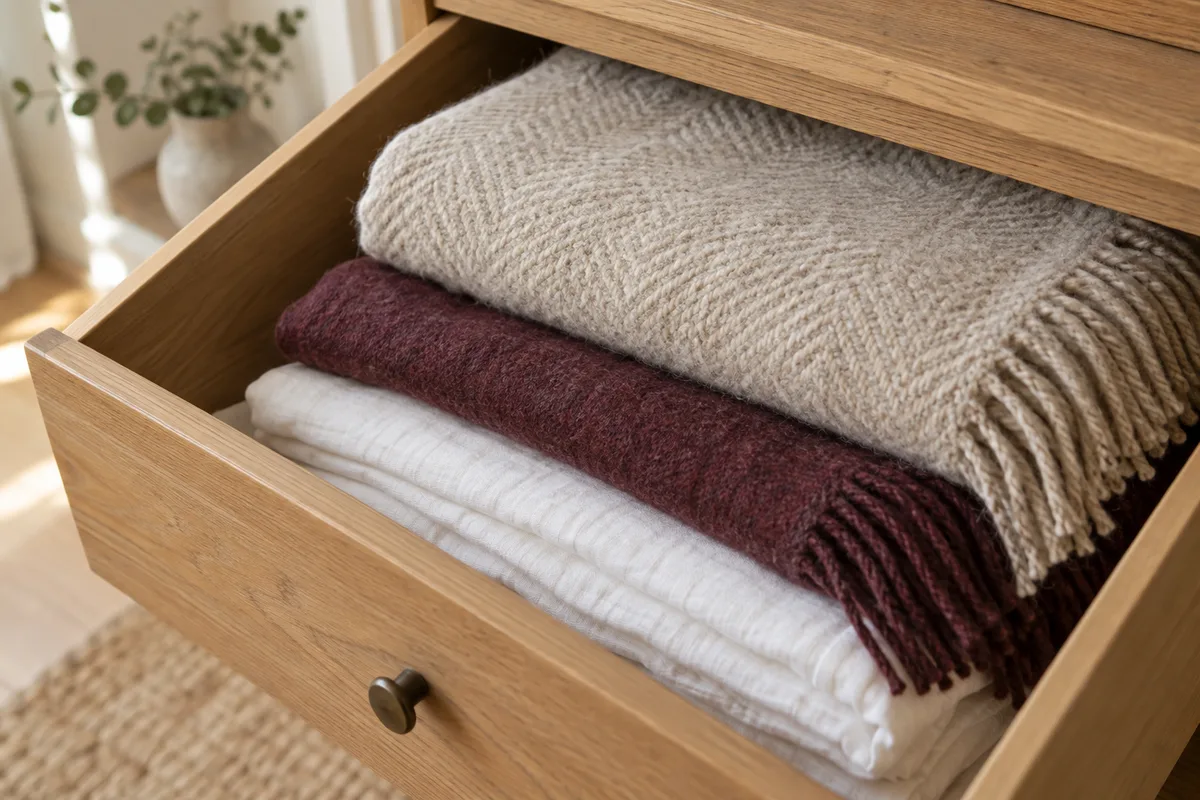 Illustrative wool blanket and burgundy scarf in a linen drawer
